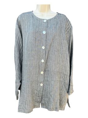 Vintage Essentials Linen Top XL Gray Made in USA Button Front Lagenlook  Tunic
